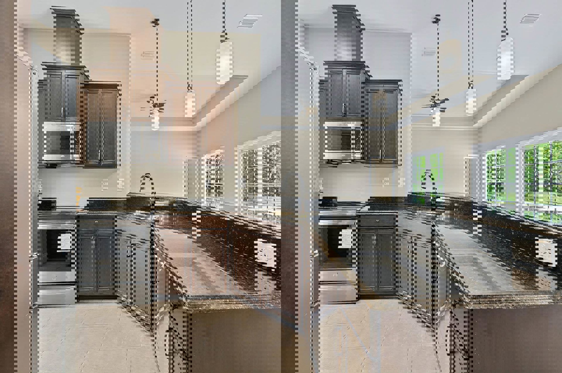 Kitchen with black countertop, dark wood cabinets, stainless steel microwave, glass oven door with paper inside, multi-pane window, white wall and door