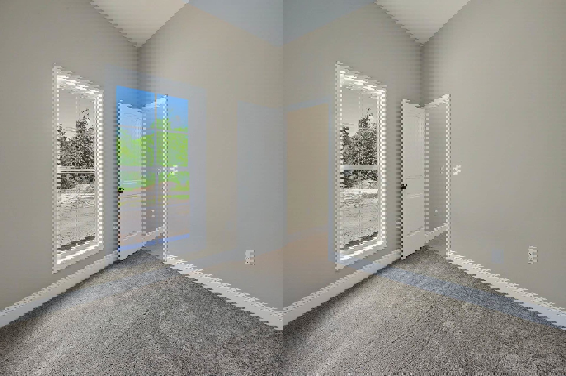 White walls and ceiling, white door with black knobs and nearby light switch, carpeted floor, window overlooking trees