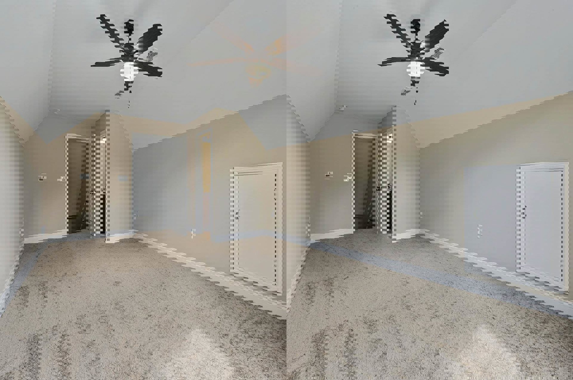 Carpeted room with white walls, ceiling fan with light fixture, white door open to staircase, plaster ceiling, and neutral finishes