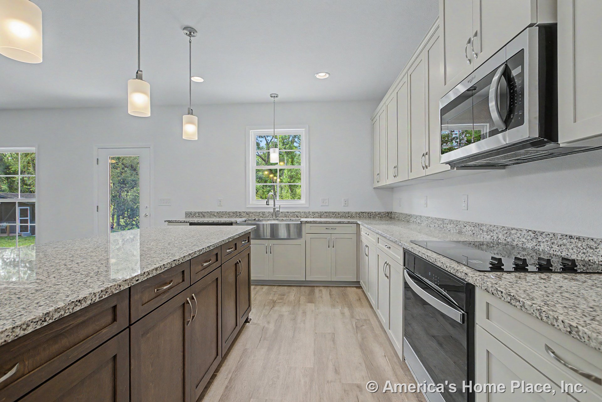 Granite countertops and shaker style cabinets with stainless steel microwave, electric cooktop, pendant lighting, single bowl undermount sink, wood flooring, window, and door.