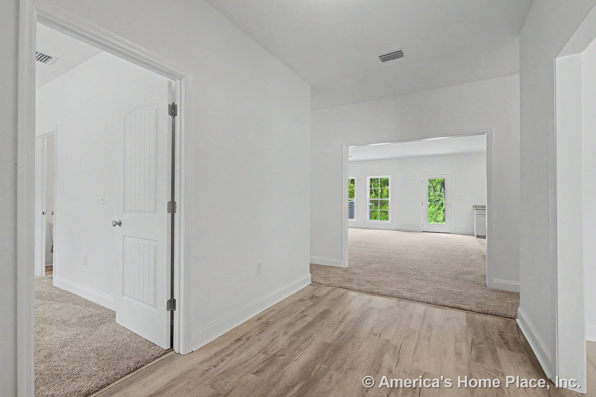 Entry hallway with wood-look flooring transitions to carpeted living room featuring large windows with white trim, glass exterior door, white interior doors, white baseboards, and