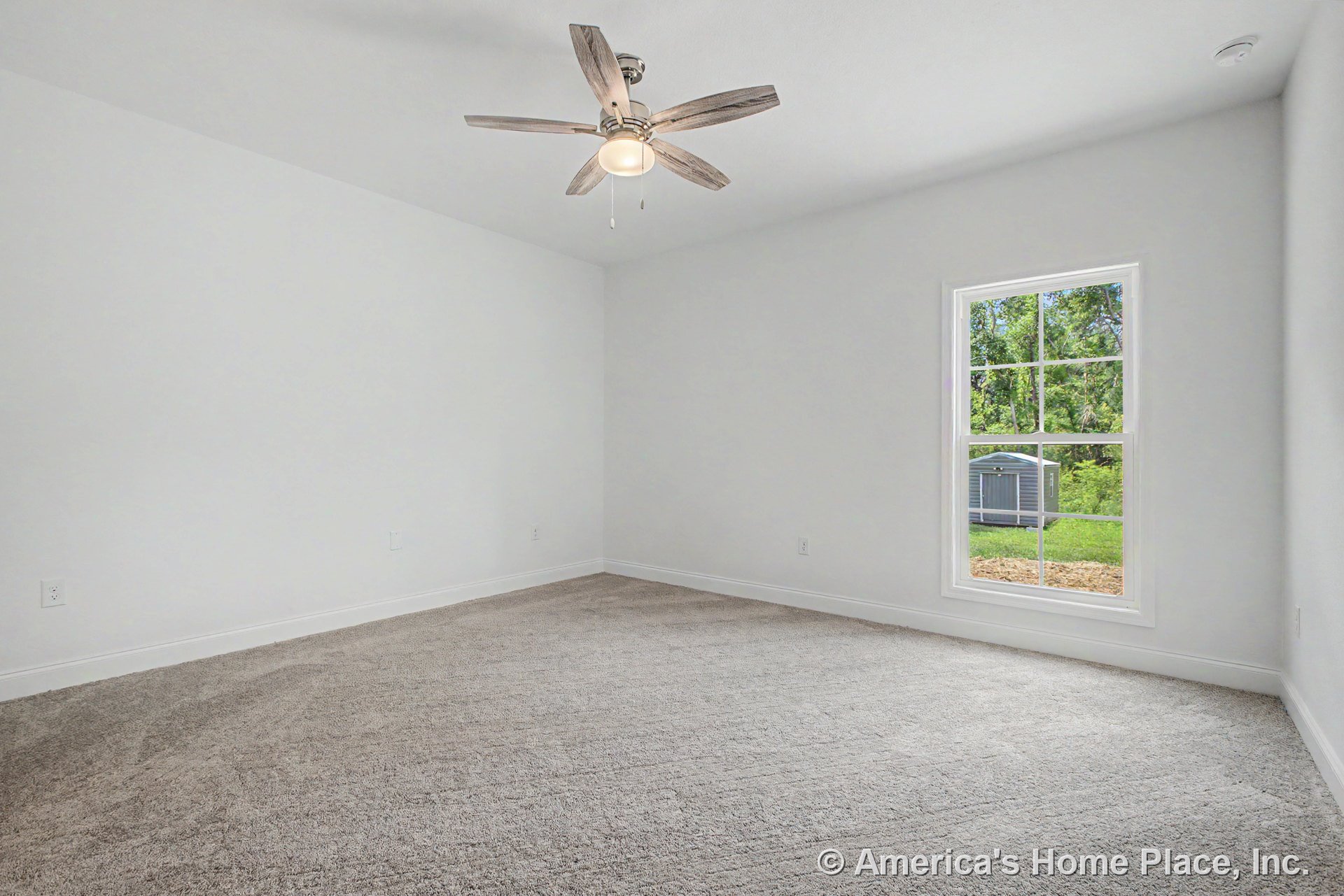 Bedroom with light gray carpet flooring, ceiling fan with integrated light fixture, large single window framed in white trim, neutral painted walls, and baseboard detailing.