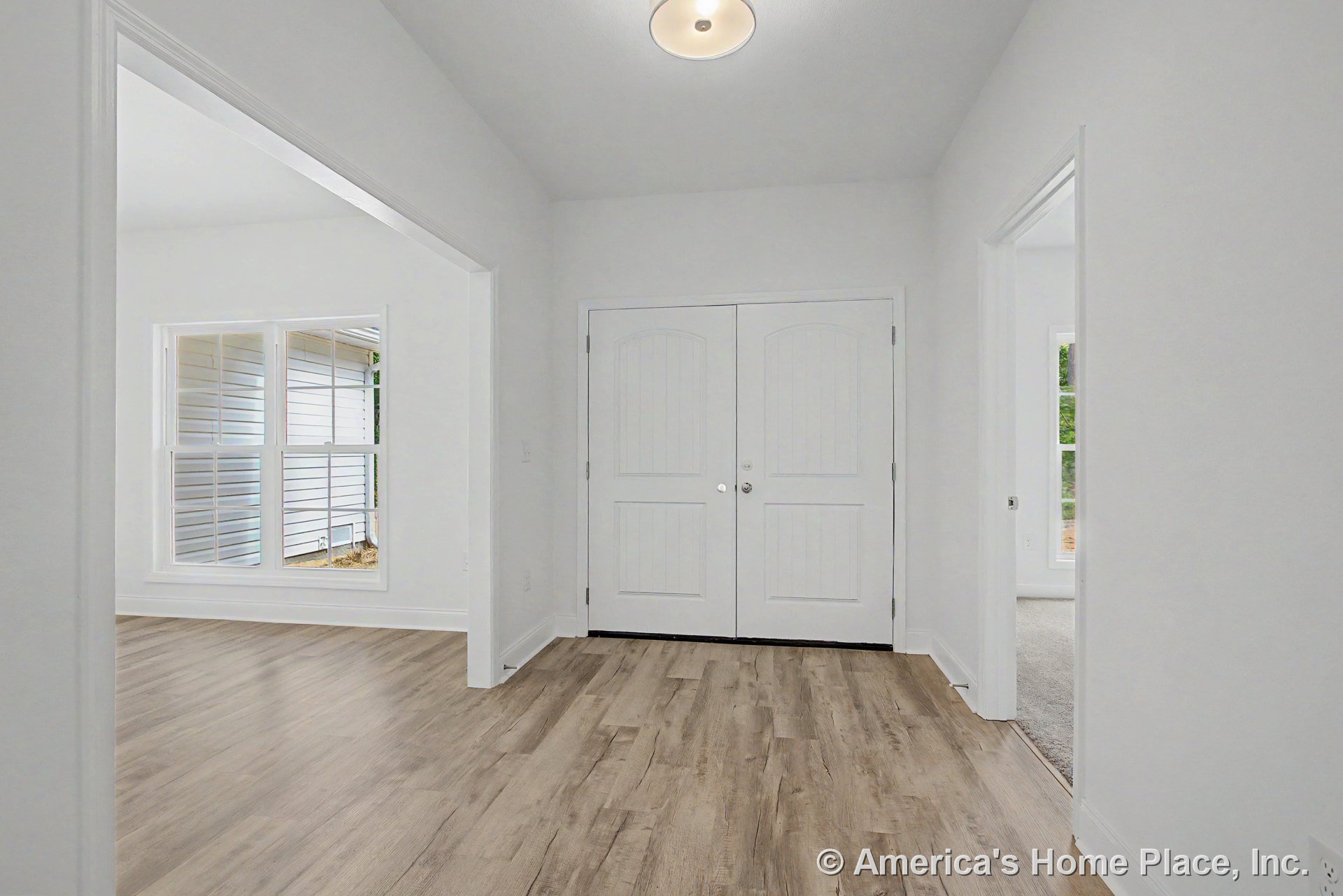 Double entry doors with modern hardware, wood-look plank flooring, white baseboards and trim, large interior window allowing natural light, flush mount ceiling light, neutral wall