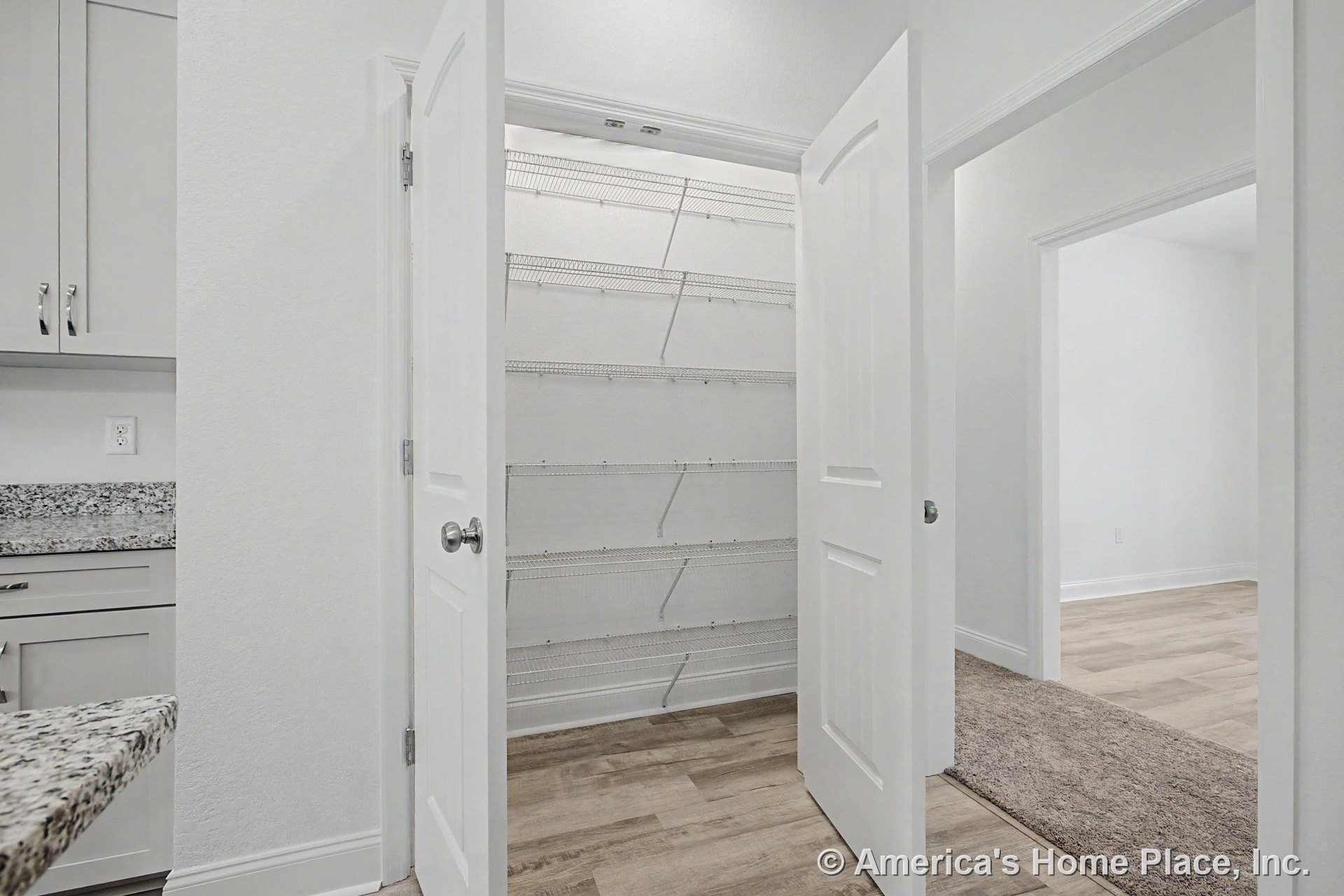Kitchen pantry with double white doors, wire shelving, granite countertop edge, light gray cabinetry, wood-look flooring, white trim and baseboards, and modern door hardware.