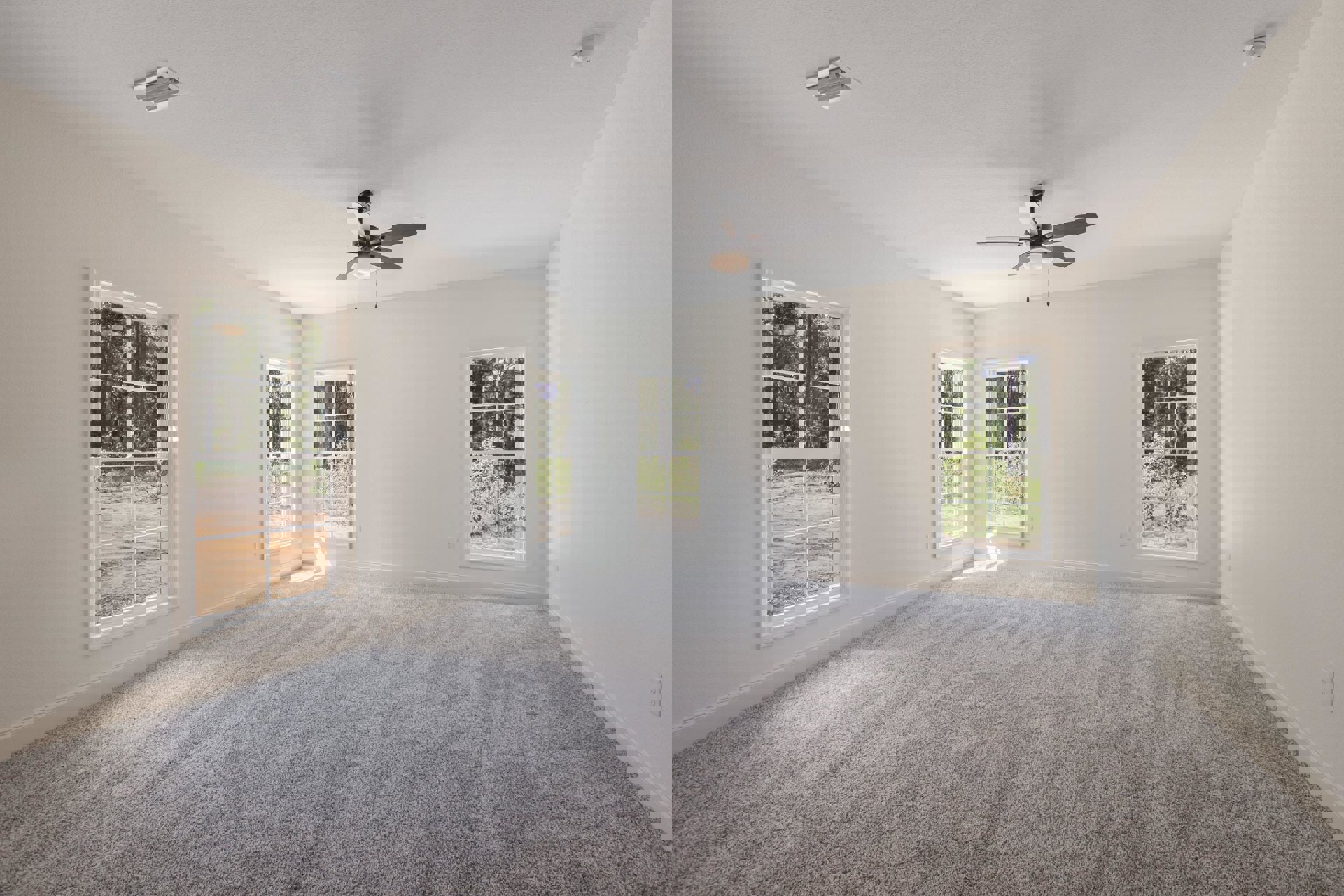 Bright carpeted room with white walls, large windows framed in white, ceiling fan with light fixture, and forest view through windows.