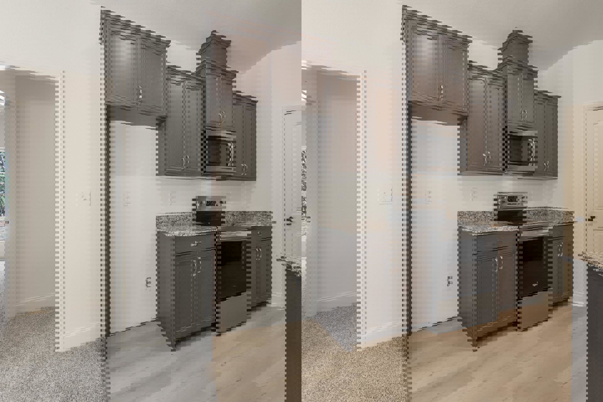 Kitchen with dark wood cabinets, black stove and oven, stainless steel microwave, wood flooring, light countertops, and paneled doors