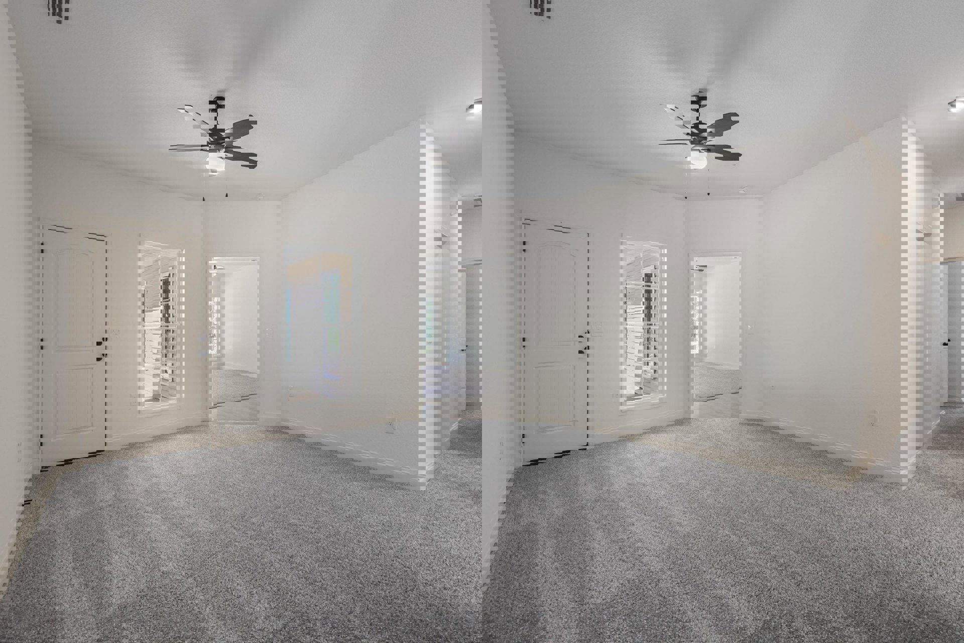 Carpeted room with white walls, ceiling fan with light, white door with black hardware, window with white trim