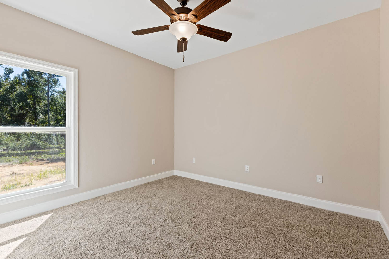 Carpeted room with white walls, ceiling fan with light fixture, large window showing trees outside, crown molding along ceiling.