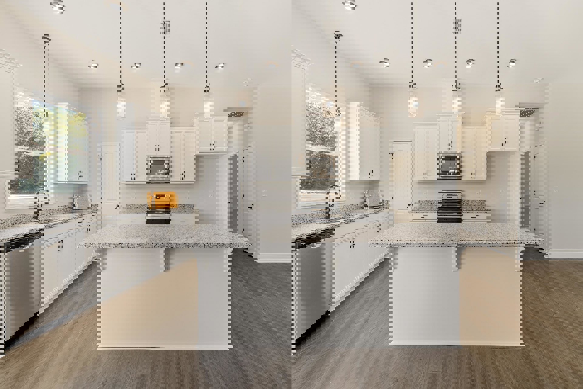 Spacious kitchen featuring a large white island with waterfall countertop, stainless steel stove and dishwasher, white cabinetry, built-in microwave, pendant lighting, and light