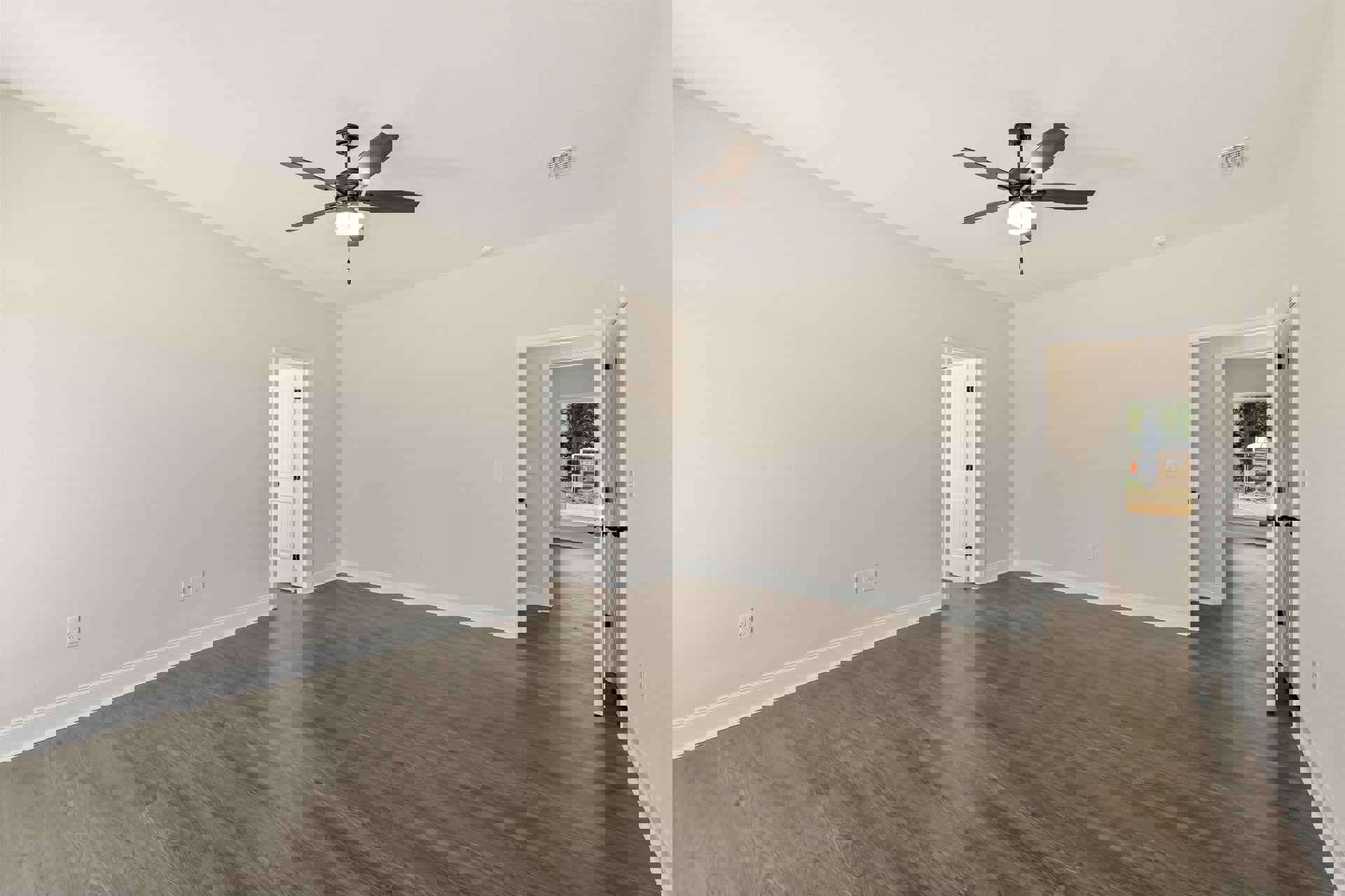 Hardwood floor with glossy finish, white walls, ceiling fan with light fixture, white door featuring black hinges
