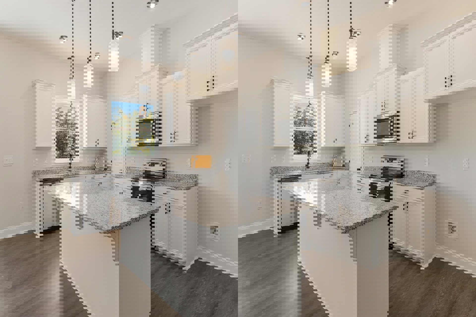 White kitchen cabinets, granite countertops, stainless steel microwave, undermount sink, tile backsplash, wood flooring, large window with natural light