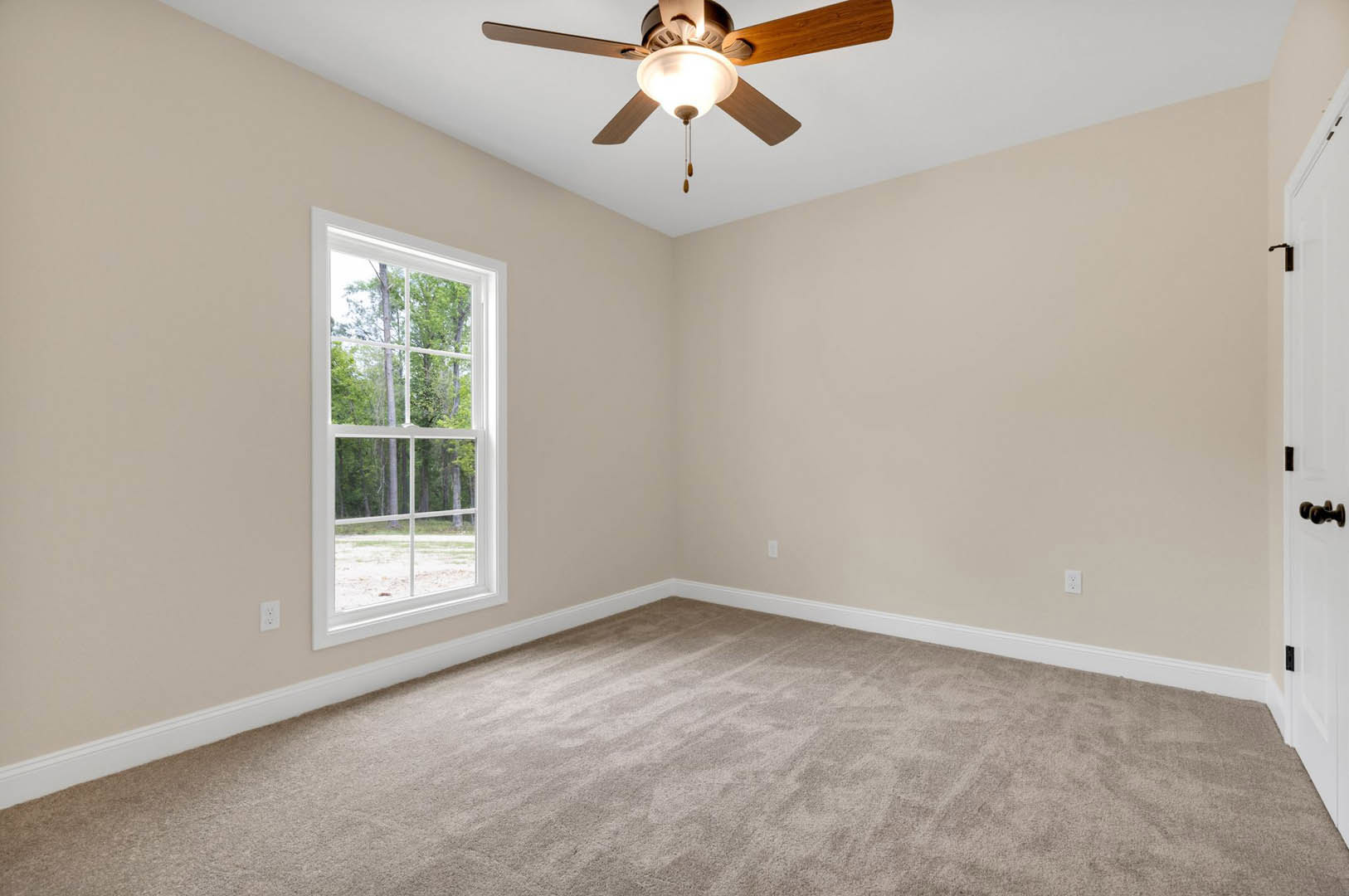 Ceiling fan with light fixture mounted above carpeted floor, window with trees visible outside, white plaster ceiling and neutral walls