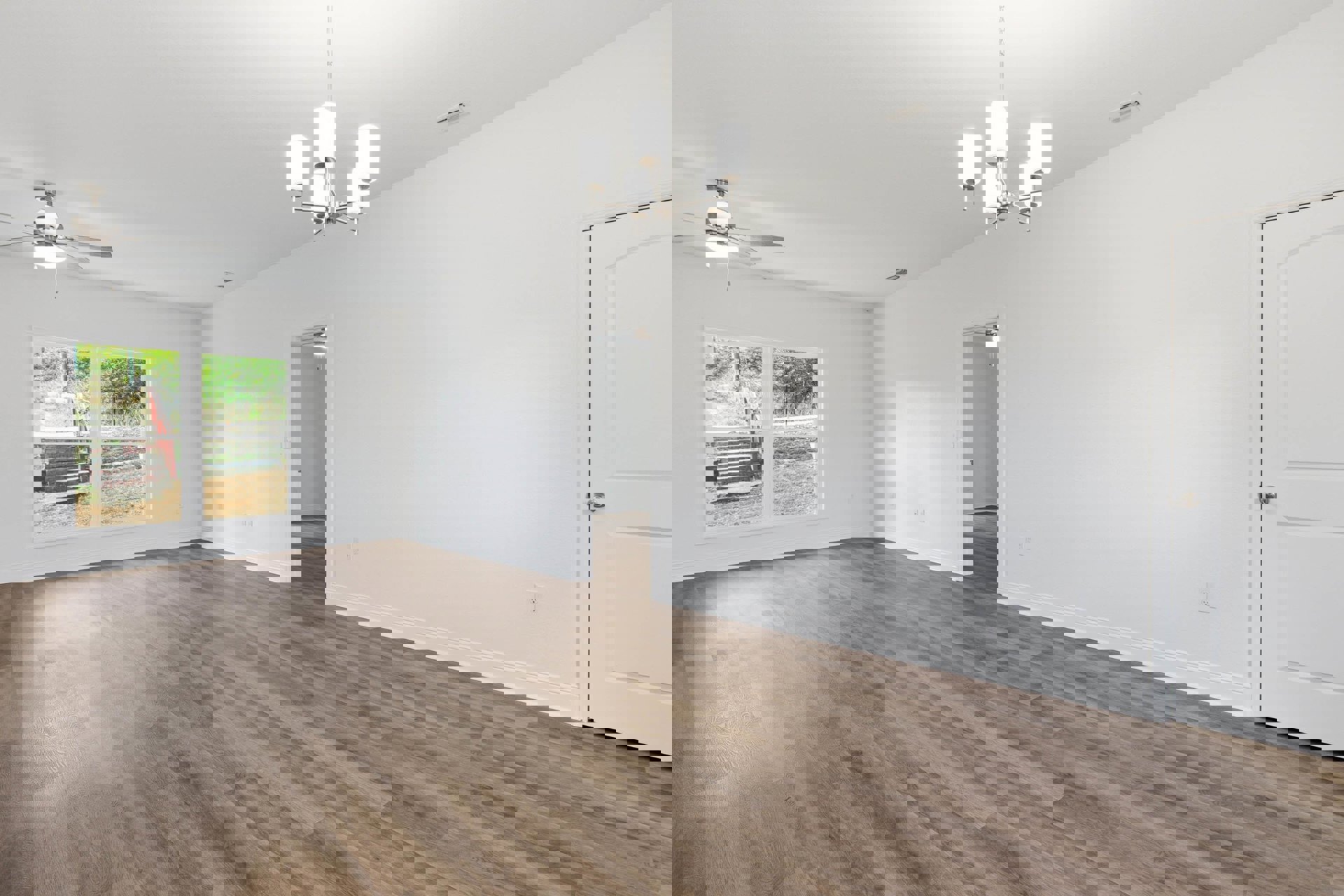 Hardwood floor room with white plaster walls, ornate chandelier, and partial view of staircase through glass window; close-up of paneled door and black-bordered white object