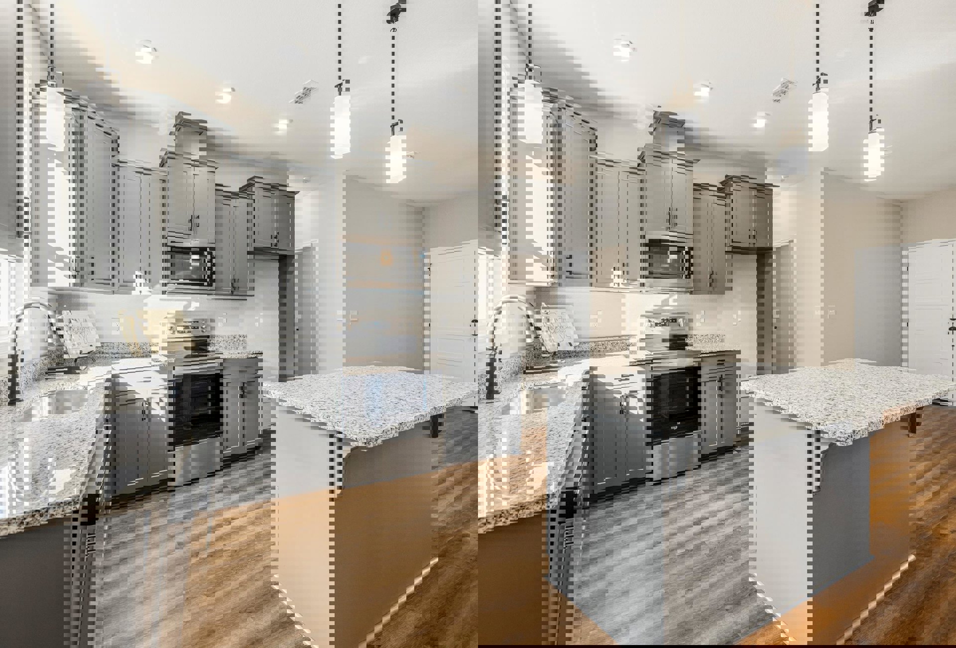 Kitchen with polished granite countertops, wood plank flooring, white cabinetry, stainless steel appliances, and a built-in microwave above the stove