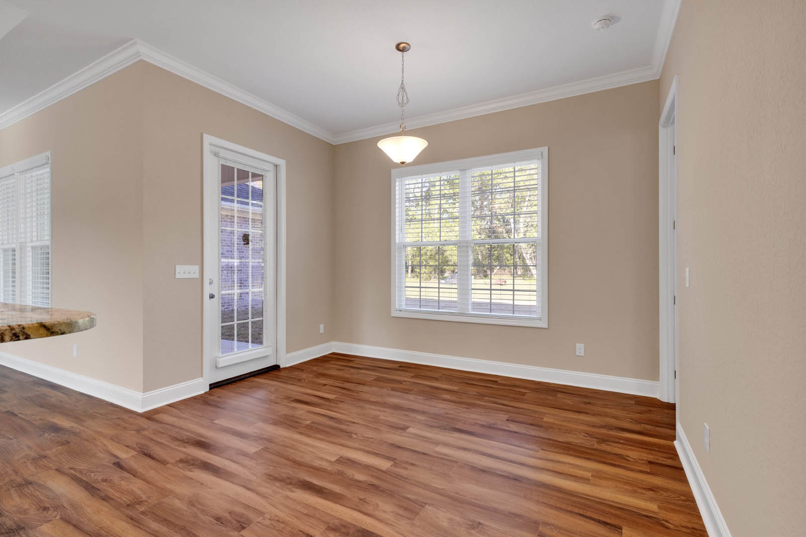 Wood flooring with white baseboards, large window with blinds, white door with glass insert, ceiling-mounted light fixture, smooth plaster walls