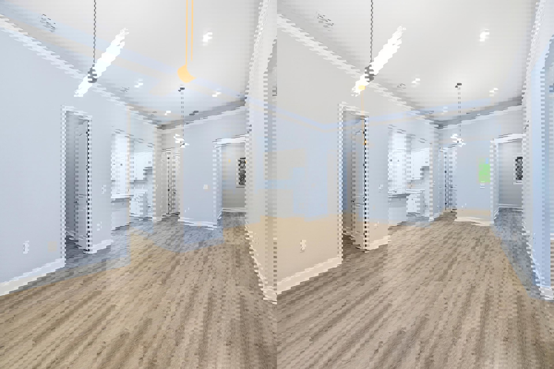 Light blue walls, wood flooring, white door with silver handle, white ceiling with recessed lights, ceiling light fixture