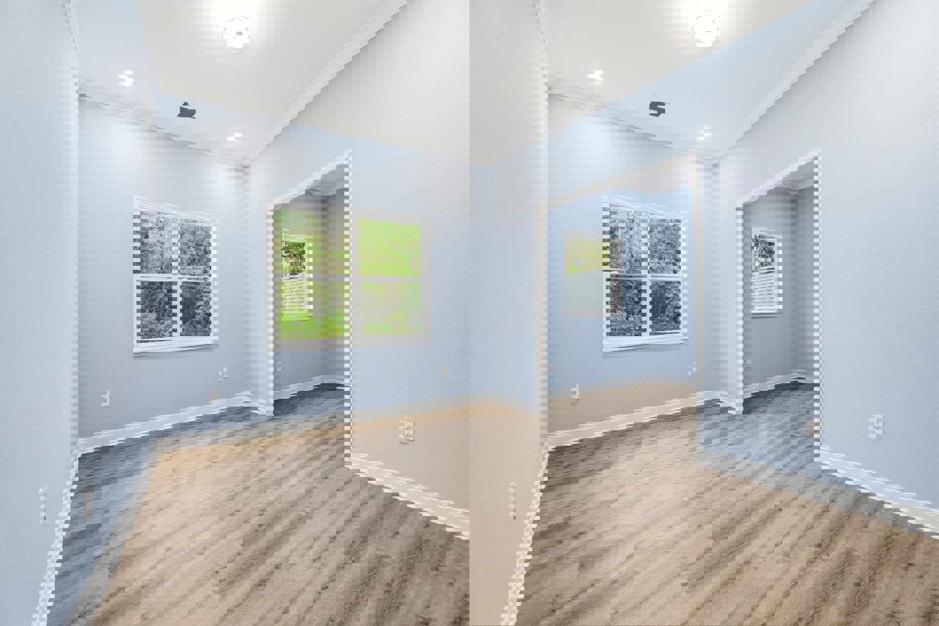 Wood flooring and blue walls in a room with a large window overlooking trees and a roof, white ceiling light fixture visible