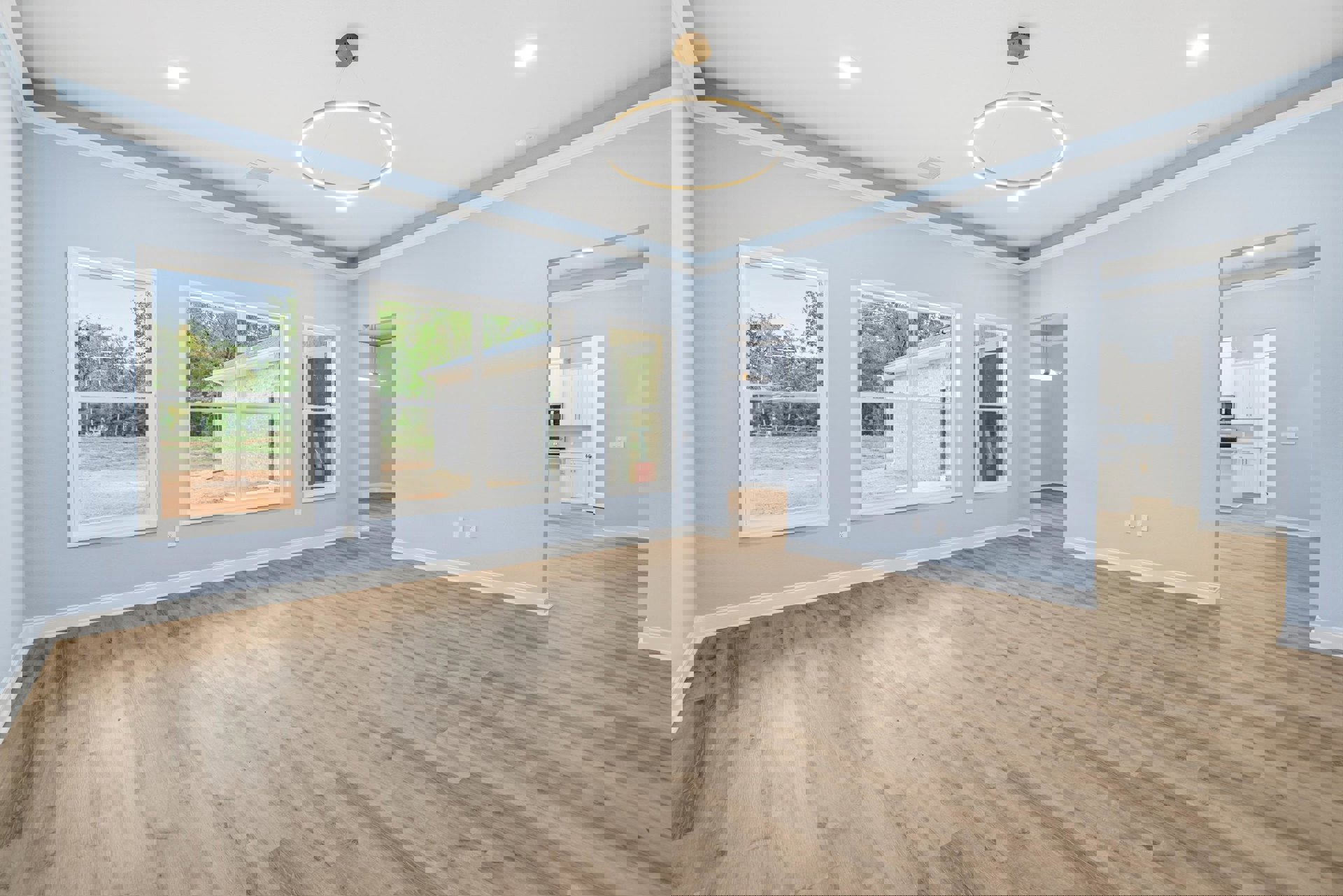 Room with wood flooring, blue walls, large windows, and white ceiling