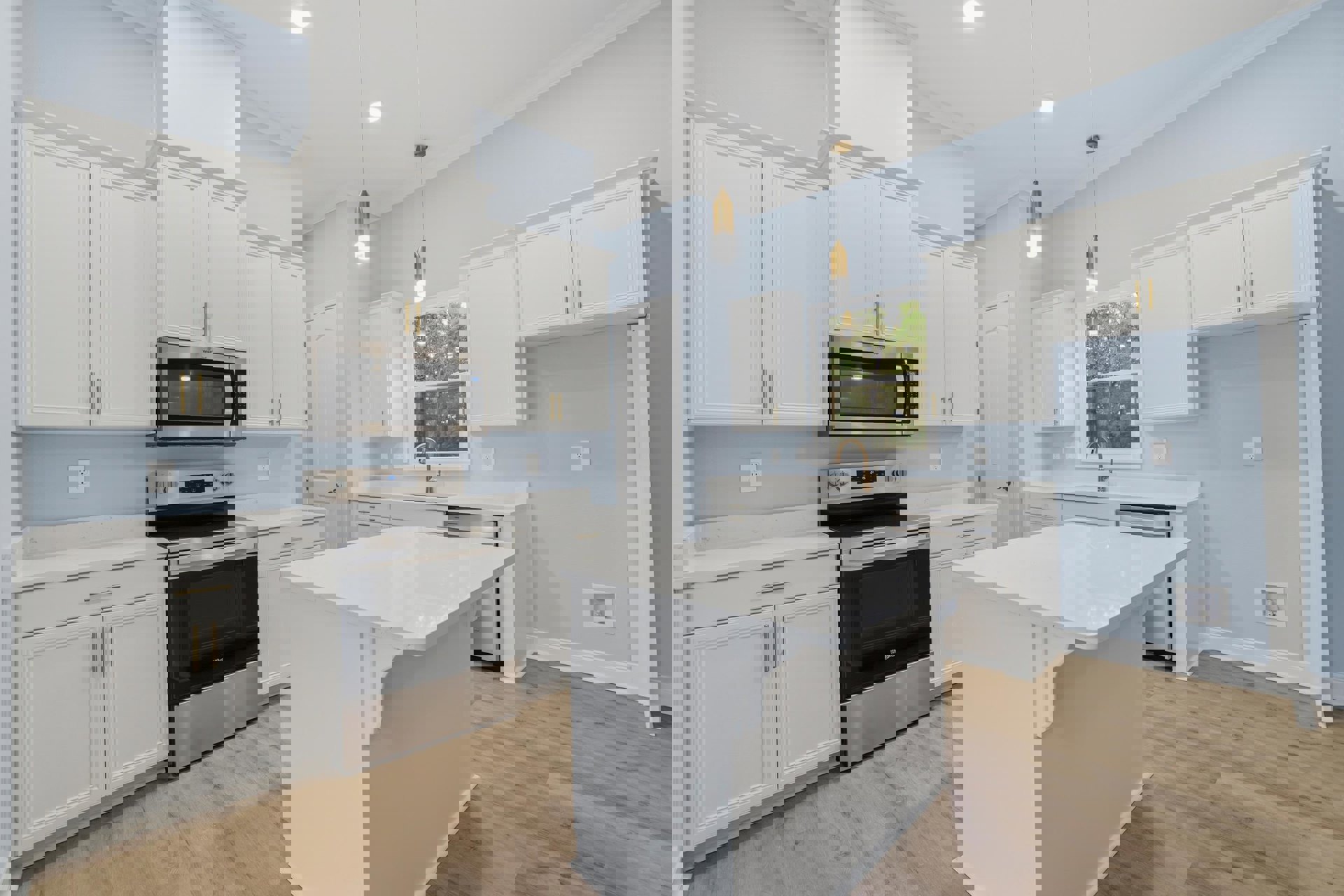 White kitchen with shaker cabinets, quartz countertops, stainless steel microwave and stove, wood flooring, white island, and white doors with silver and black hardware.
