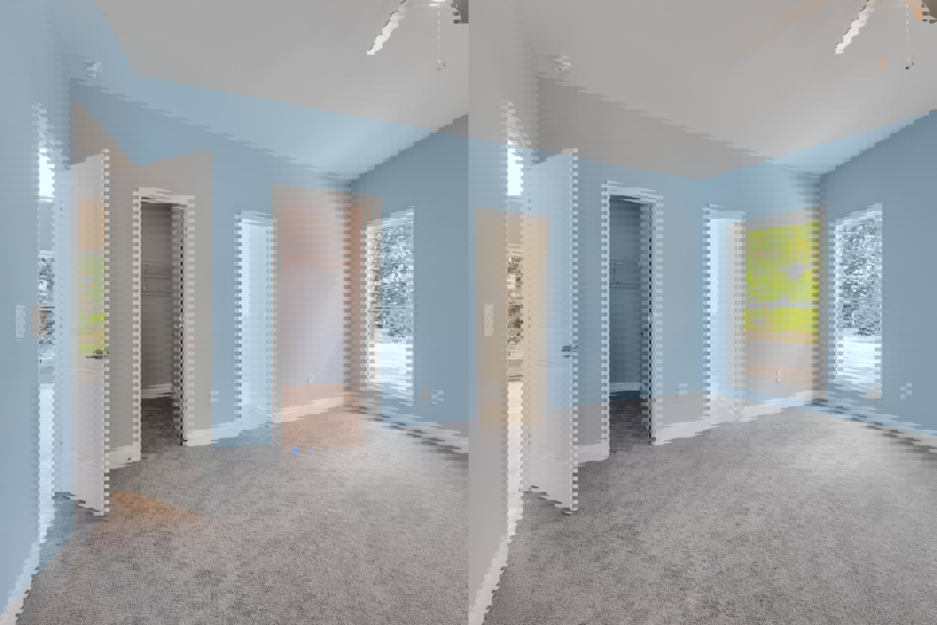 Blue-painted walls, white doors with silver handles, carpeted floor, window showing green trees, white trim and ceiling, light switch beside door