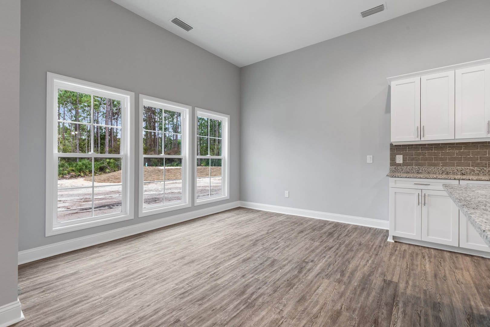 Spacious room with wood flooring, white walls, row of large windows overlooking trees, white cabinets with silver handles, metal bar detail