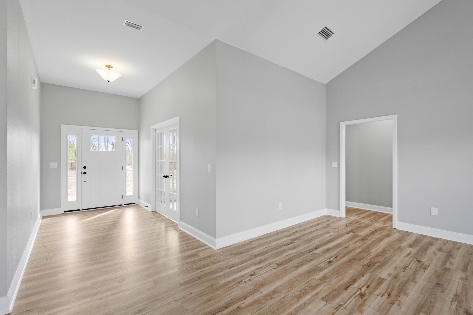White walls, wood flooring, white door with glass panes, ceiling vent, rectangular wall frame, close-up of door detailing
