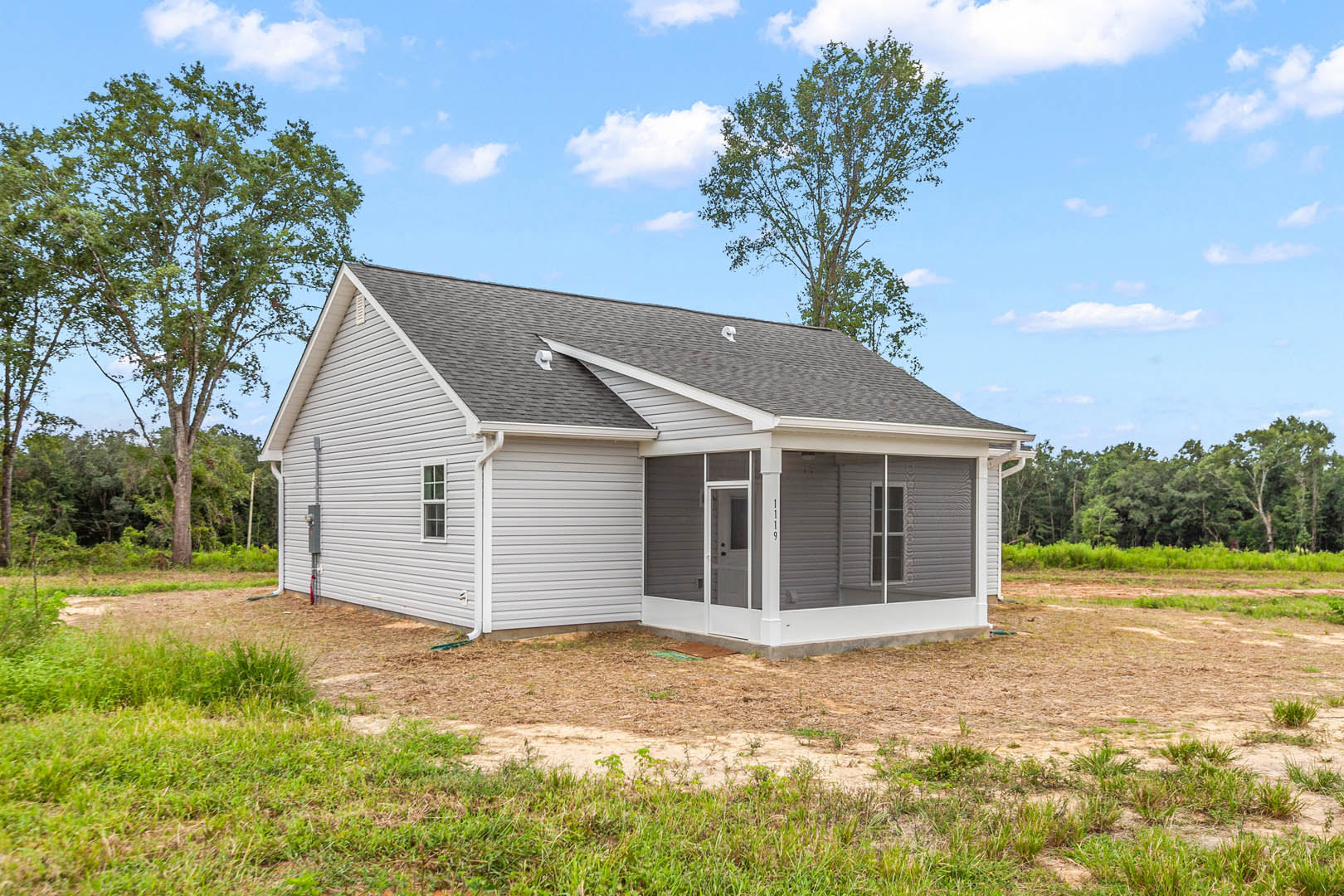 Front porch with white door and black knobs, green grass lawn, leafy tree beside house, cloudy sky in background