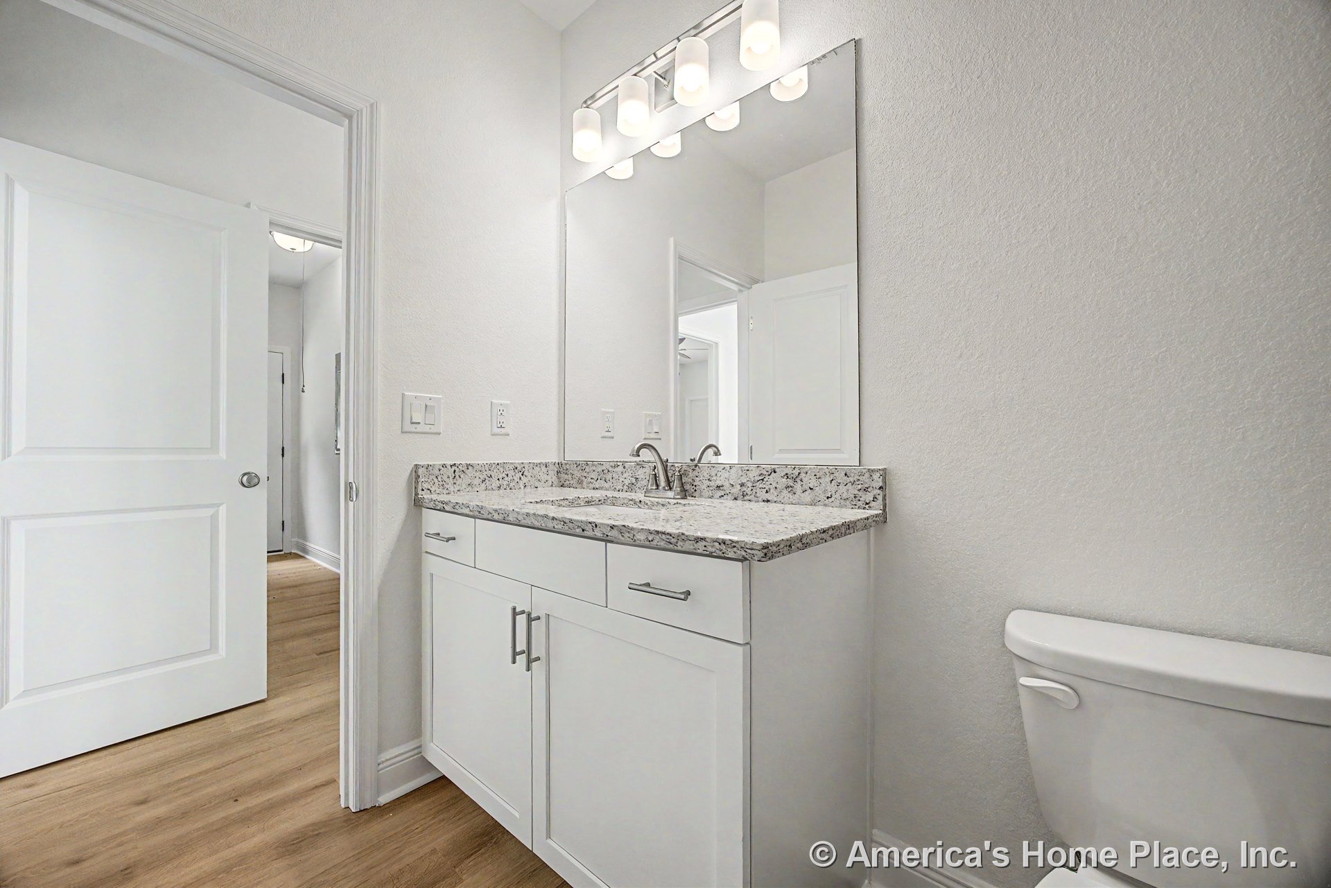 White shaker-style vanity with granite countertop, large wall-mounted mirror, modern vanity light fixture, white toilet, wood-look flooring, white trim, paneled door, chrome