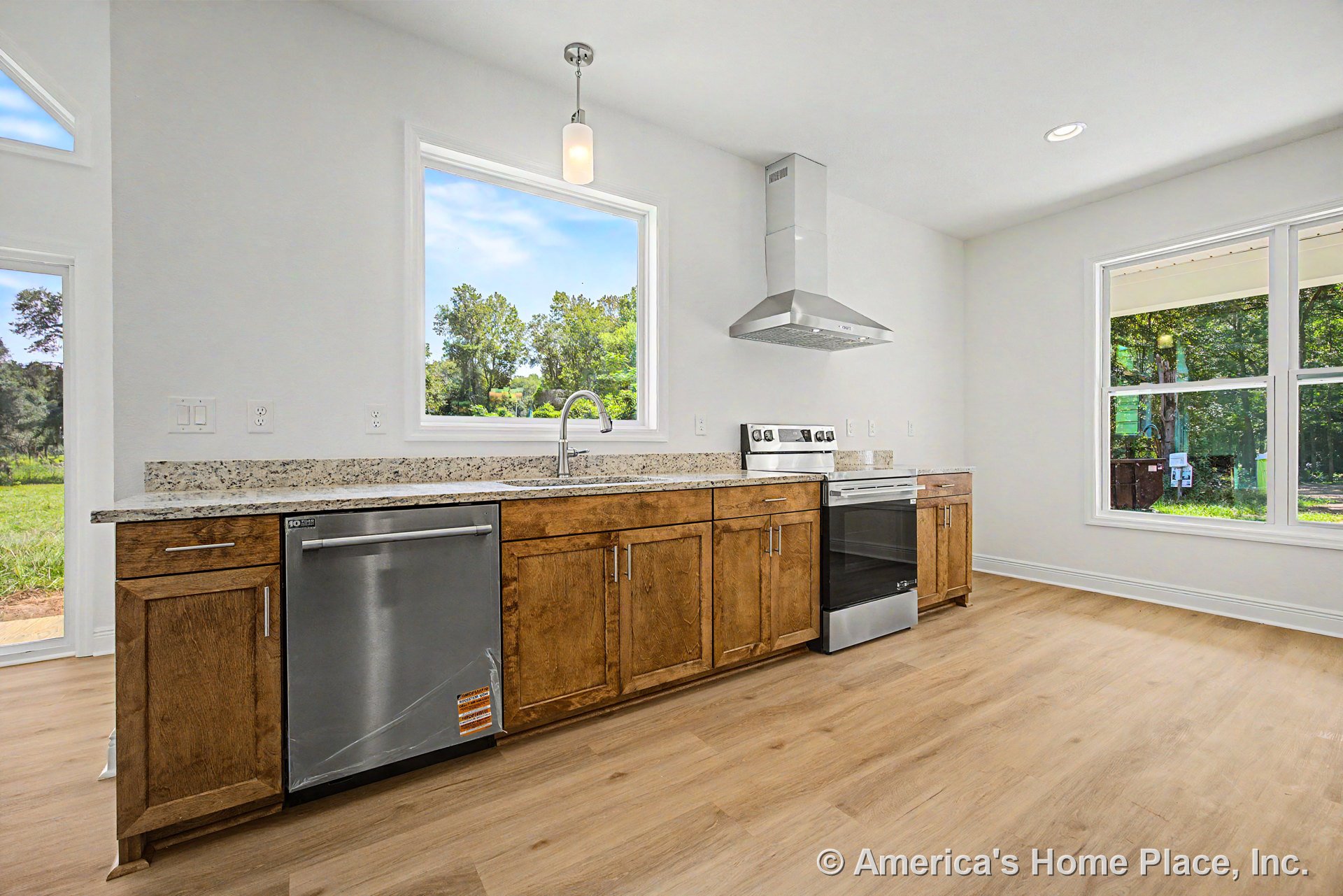 Wood cabinetry kitchen with granite countertops, stainless steel dishwasher and electric range with hood, pendant light fixture, large windows, light wood flooring, baseboard trim