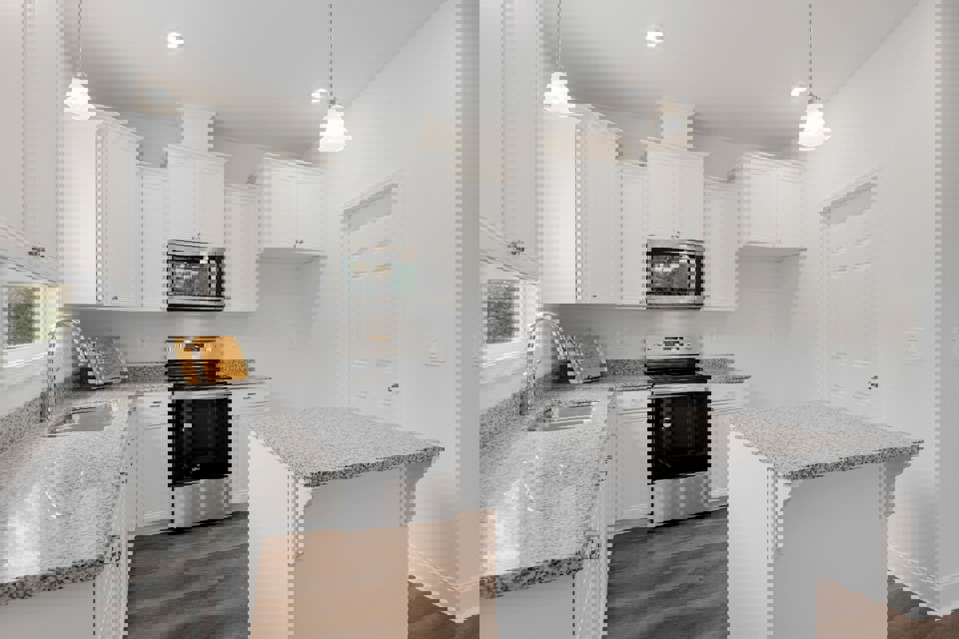 White kitchen cabinets with granite countertops, stainless steel oven, wooden cutting board with ribbon, open shelving, and ceiling light fixture