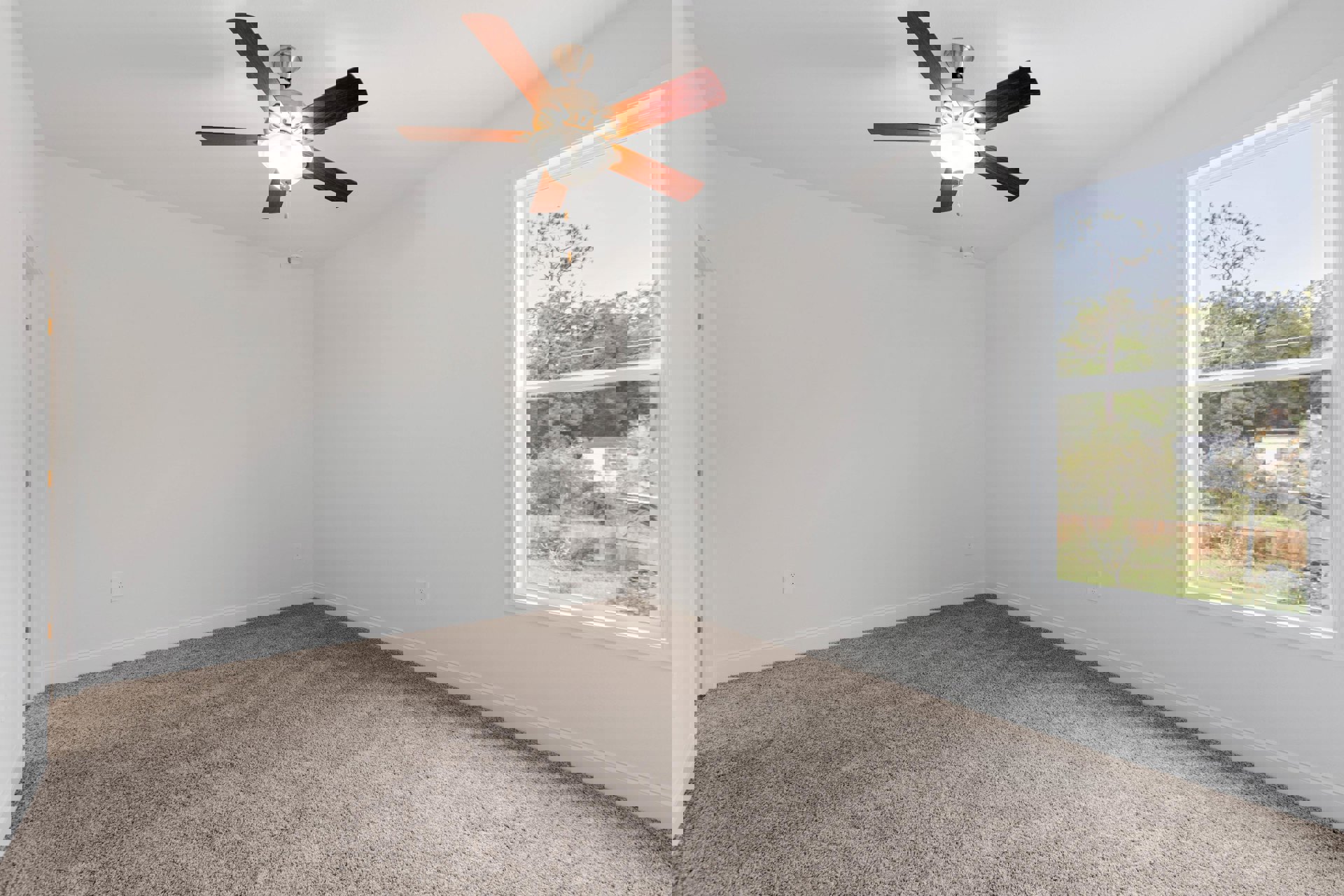 Neutral-toned carpeted room with white plaster walls, ceiling fan with light fixture, large window overlooking leafy trees