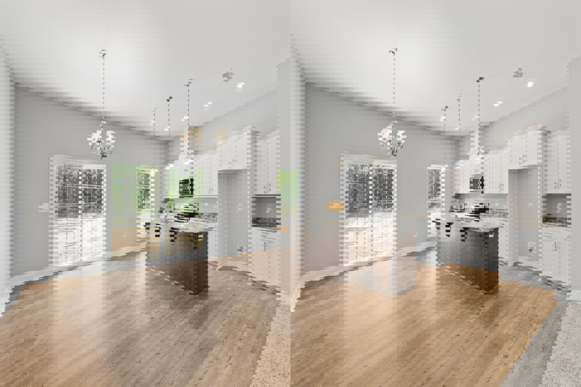 Open kitchen and dining area featuring light wood flooring, marble countertops, white cabinetry, built-in microwave, stainless steel sink with wooden organizer, large window