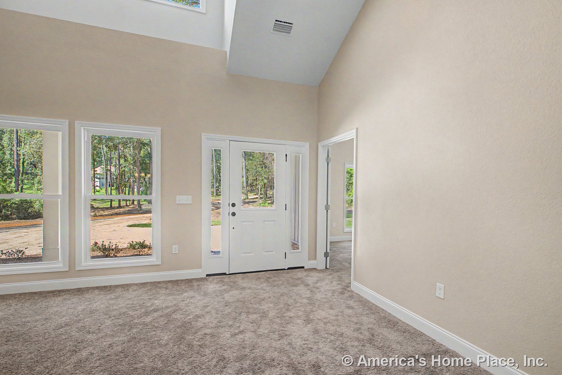 White front door with sidelights, large double windows providing natural light, neutral wall paint, carpet flooring, white baseboards, and high ceiling in foyer.