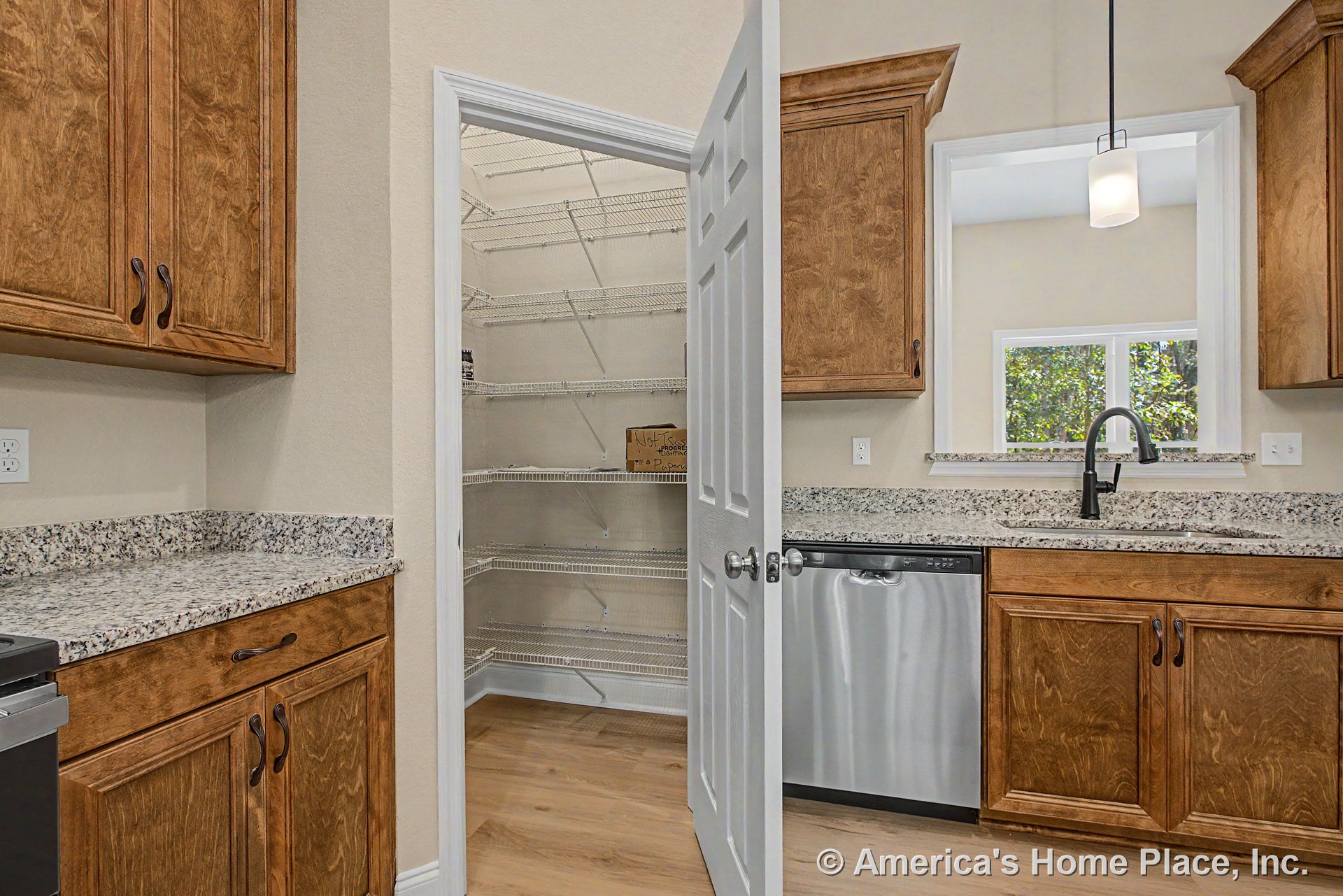 Granite countertops and wood cabinetry with a double-handle faucet, stainless steel dishwasher, walk-in pantry featuring wire shelving, pendant light fixture above, window with