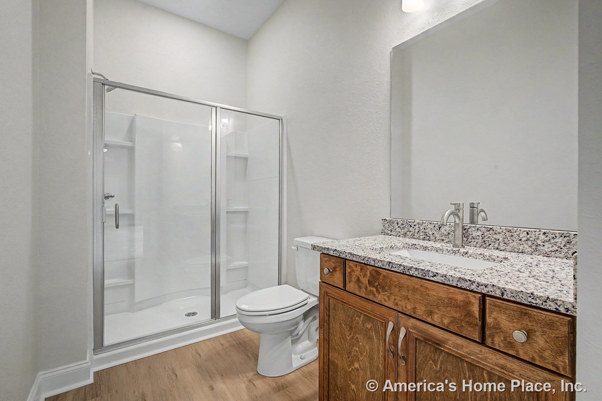 Walk-in shower with clear glass enclosure, granite countertop vanity with single undermount sink and wall-mounted faucet, wood cabinetry, built-in shelving, light wood flooring