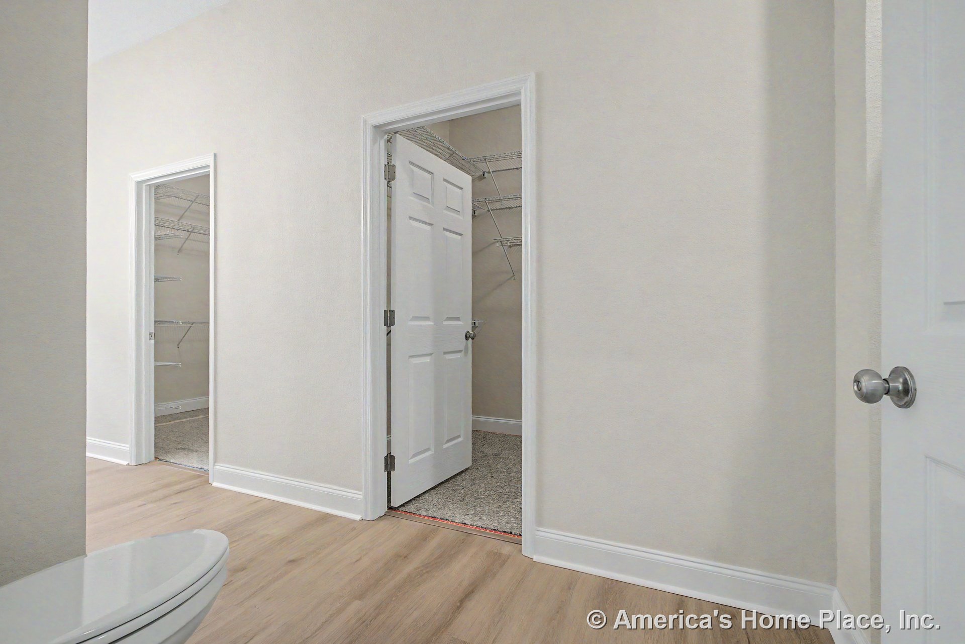 Hallway with light wood plank flooring and neutral walls leads to two walk-in closets featuring wire shelving, white trim, baseboards, and panel interior doors.