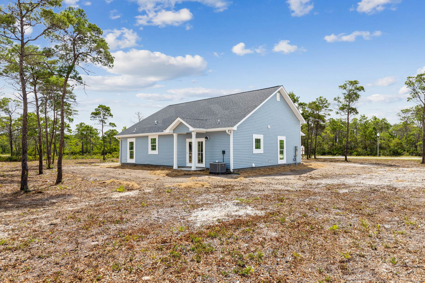 Blue siding house with white columns, surrounded by trees and plants, dirt landscaping in foreground, heat pump unit visible near exterior wall, cloudy sky overhead