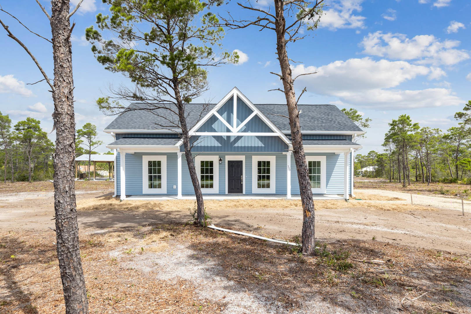 Two-story home with black front door framed in white, multi-pane windows, mature trees and green lawn in front yard, white board resting near tree trunk