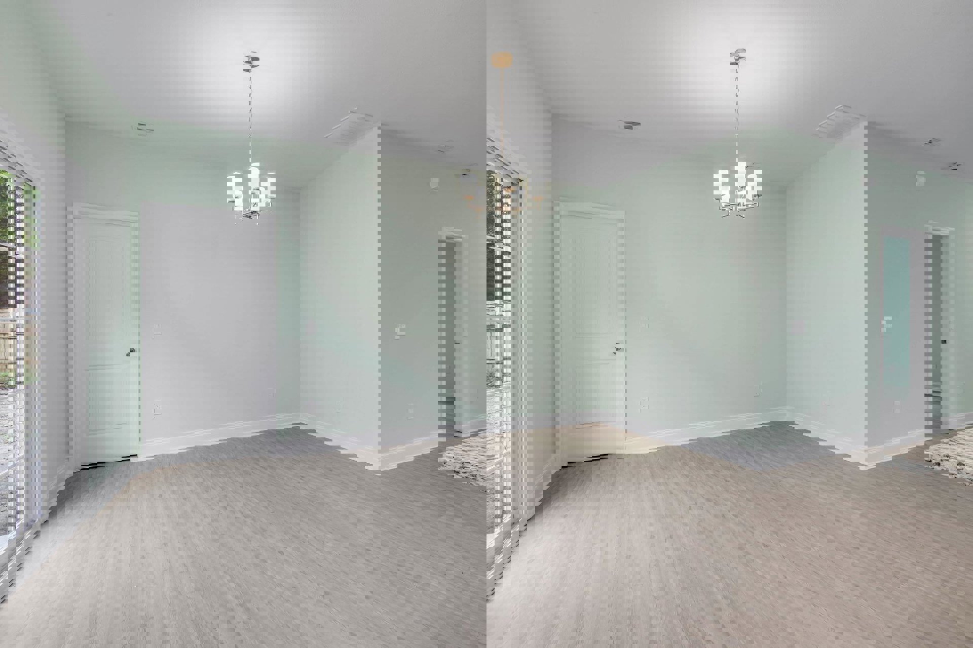 Room with wood laminate flooring, white baseboards, white door with silver knob, ceiling fan and light fixture, window overlooking fenced yard