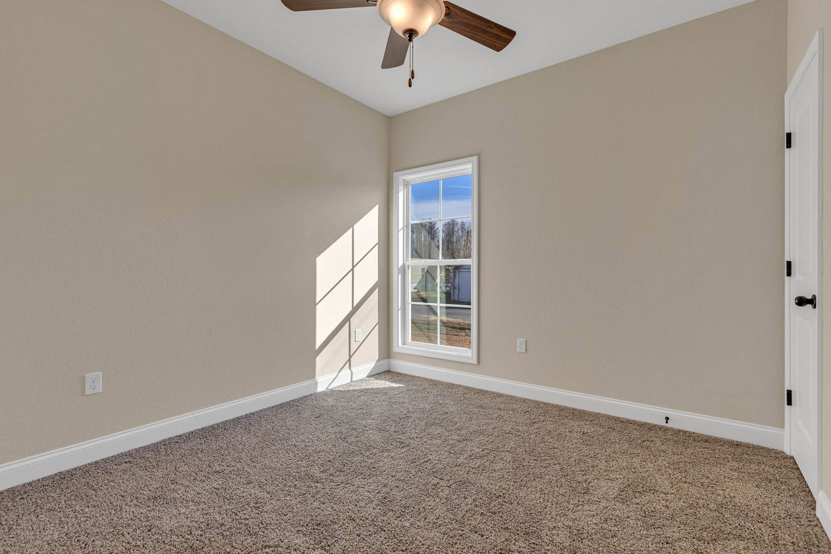 Carpeted room with white walls, ceiling fan with light, large window showing tree view, sunlight casting window shadow on wall