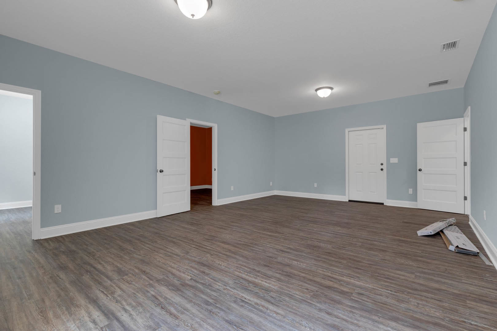 Hardwood floor, white walls, white door with black knobs, ceiling light fixture, minimalist interior