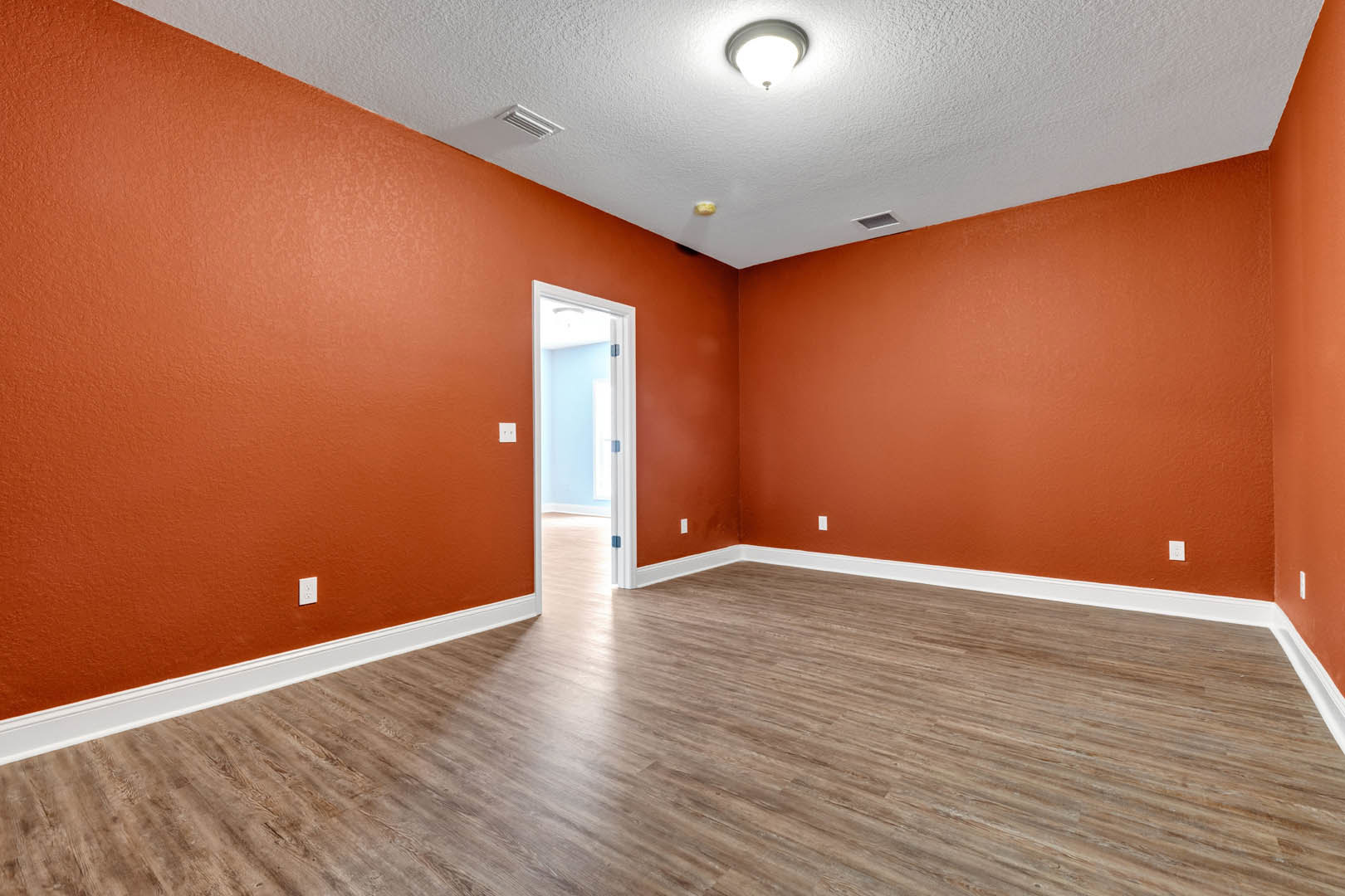 Empty room with vibrant orange walls, hardwood floor, white baseboard trim, ceiling light fixture, and white door opening to blue sky