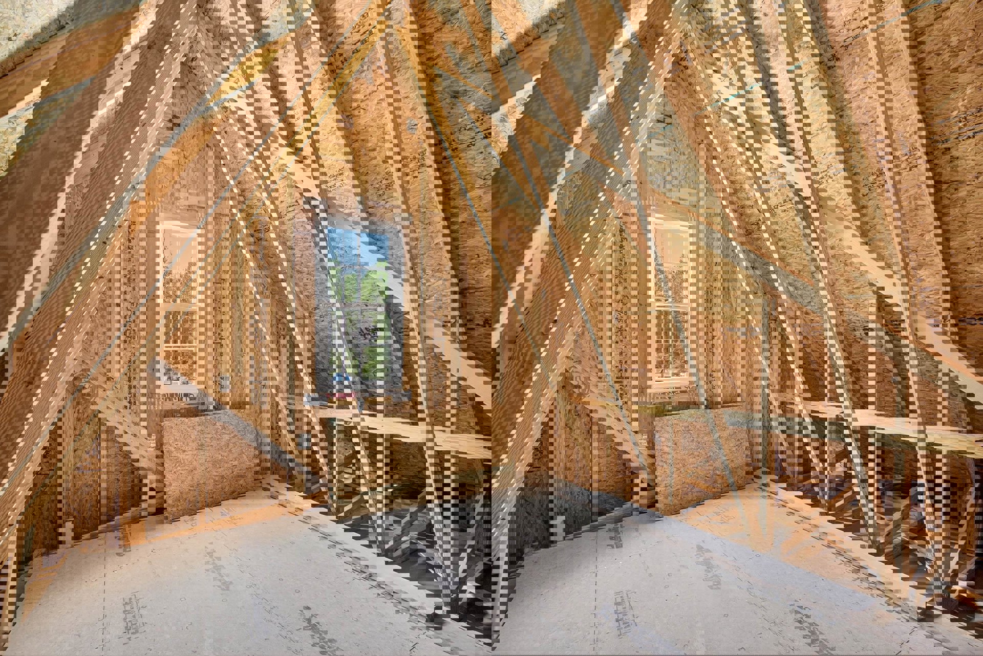 Sunlit room with exposed plywood walls, large window overlooking trees, concrete floor transitioning to wood flooring, visible roof beams, and building insulation.