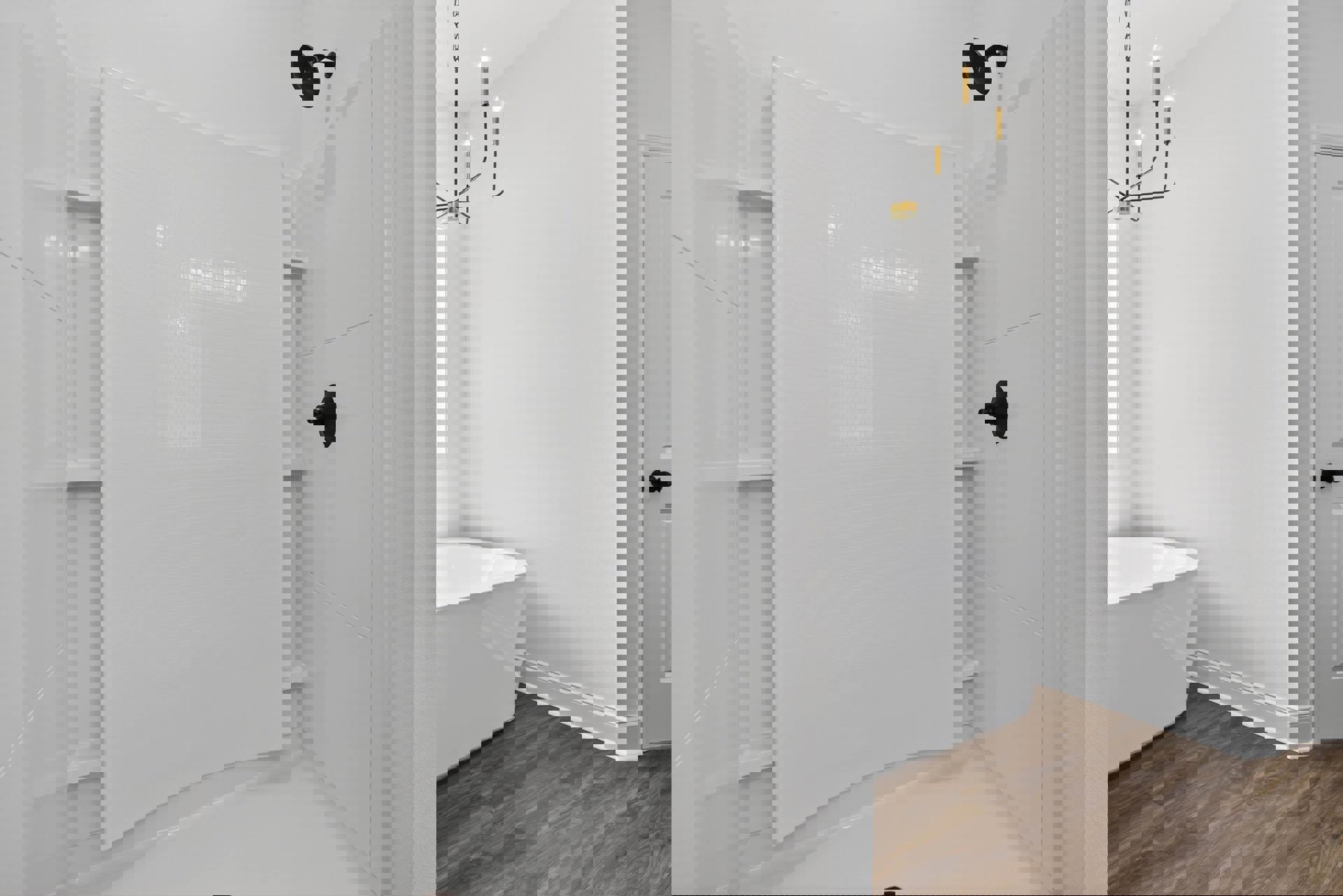 Bathroom featuring a freestanding bathtub, glass-enclosed shower with white tile walls and built-in shelves, wood flooring with white baseboards, black light fixture, and