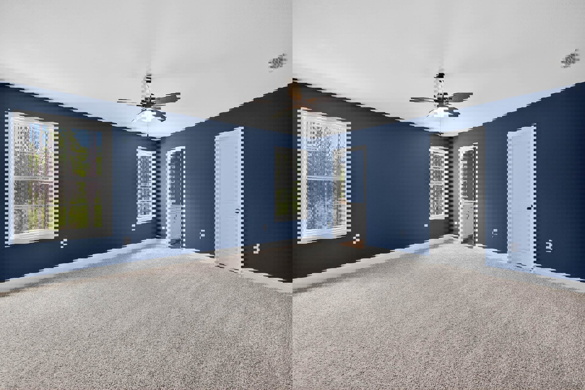 Blue walls and carpeted floor in a room with ceiling fan and light, white-framed window showing trees outside, white door with black handle