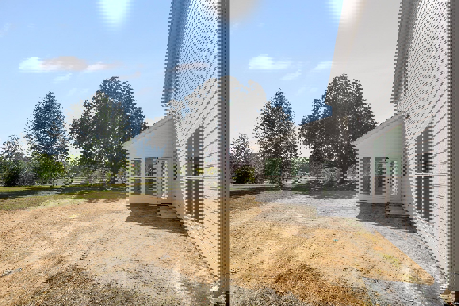 White modern house with large glass door and window, surrounded by dirt lot and leafy trees in the background