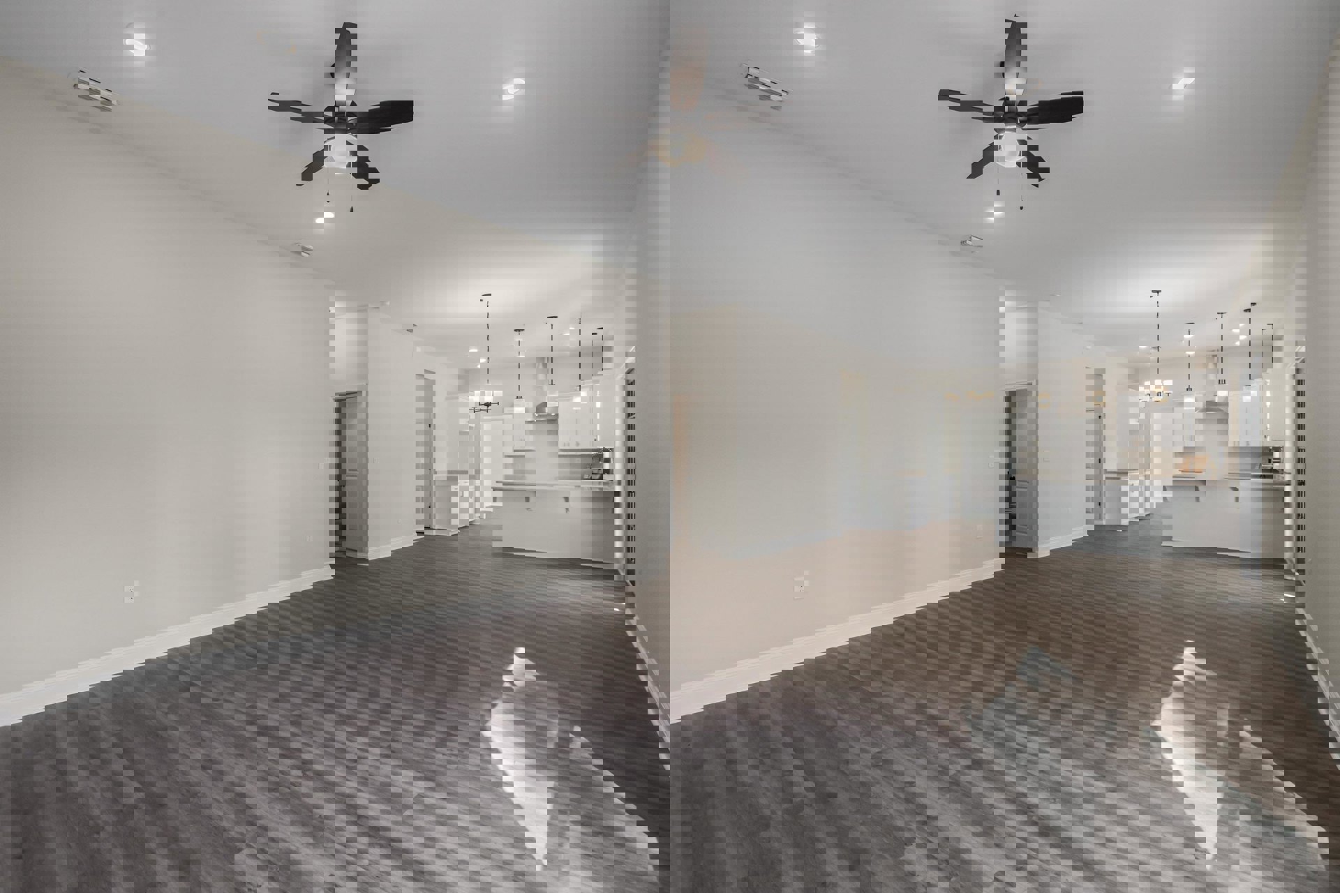 Open living area with light wood flooring, white walls, ceiling fan with integrated light, and doorway leading to adjacent kitchen