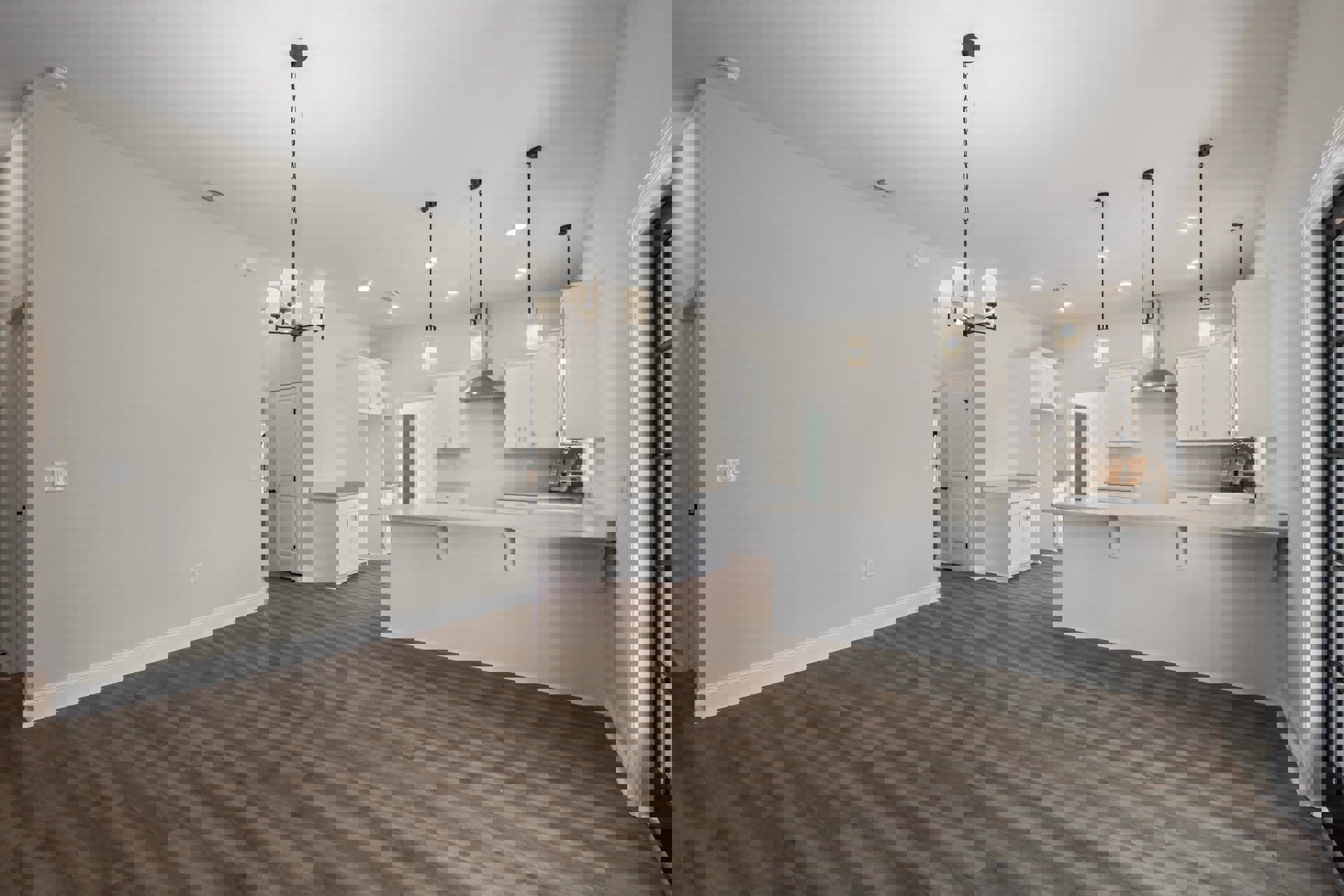 Open kitchen and dining area with light wood flooring, white walls, white cabinetry, black hardware, and track lighting on the ceiling