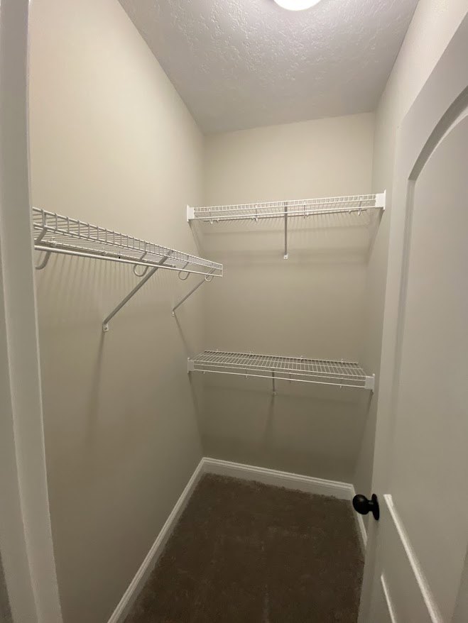 Walk-in closet with white shelving, metal hanging rods, white door, and ceiling light fixture