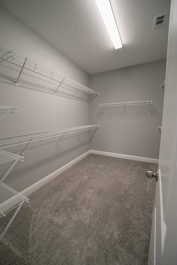 Walk-in closet with white shelves and clothes rack, grey carpet flooring, white plaster walls, and ceiling.
